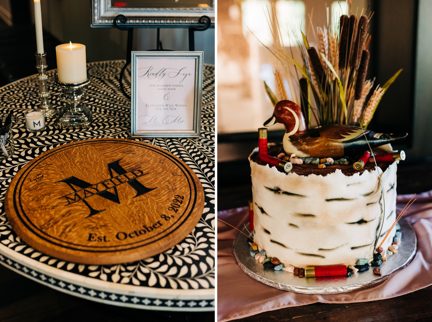 Rustic wedding details, with a duck grooms cake