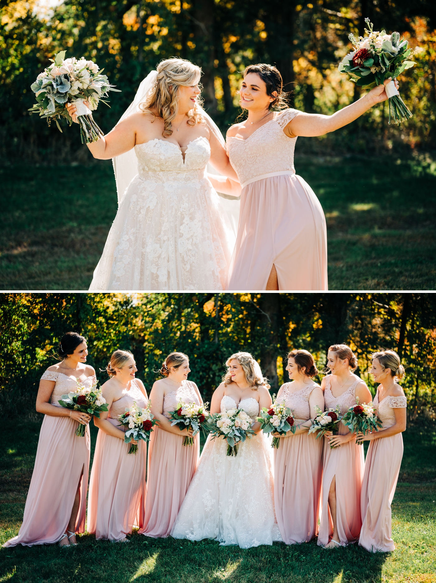 Bride and her bridesmaids who are wearing blush gowns from davids bridal