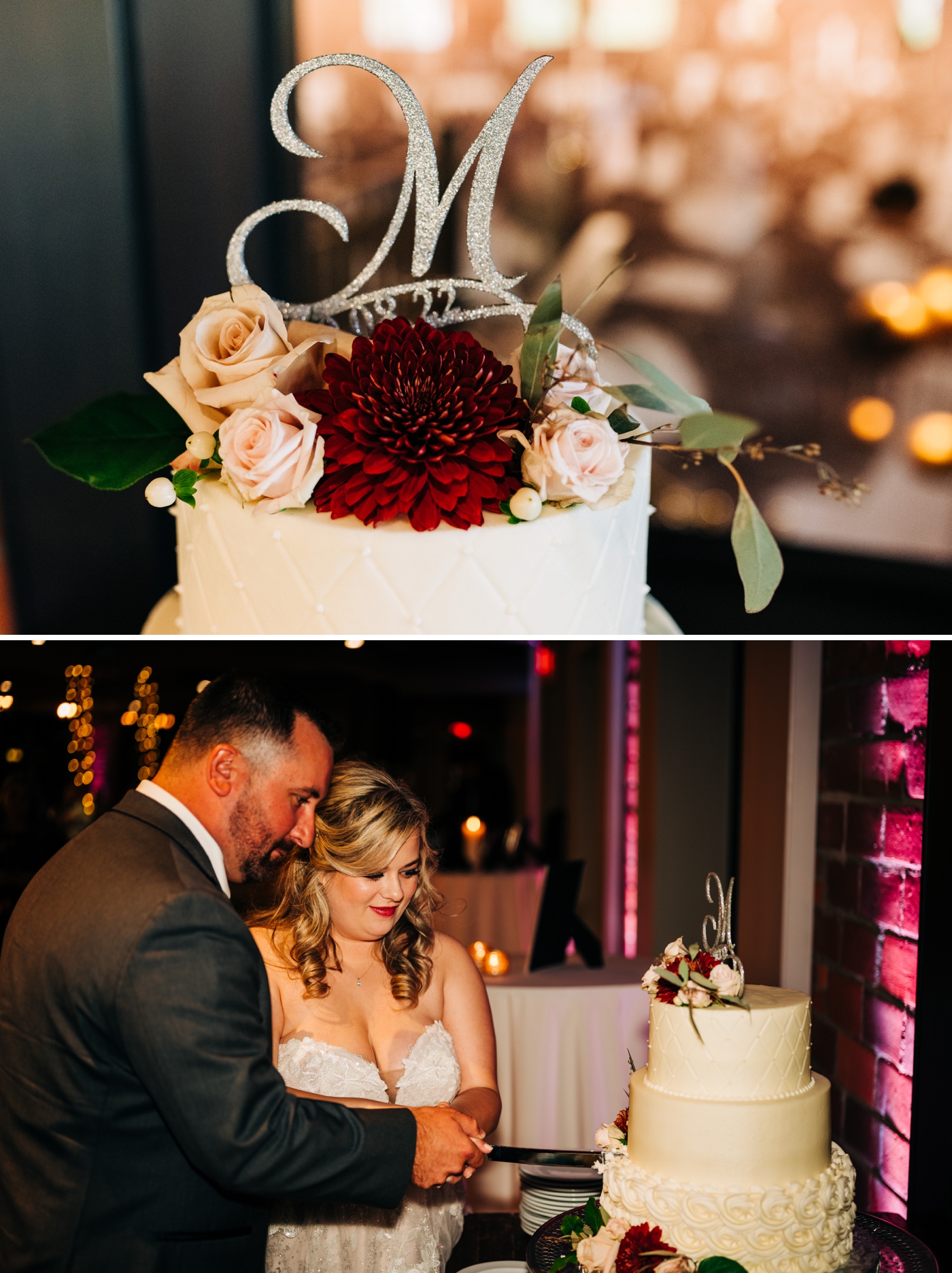 Bride and groom cutting their white wedding cake with blush and wine colored flowers