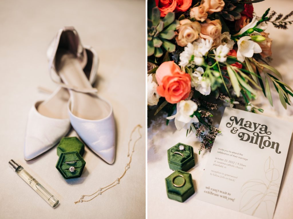 Pointed-toe bridal shoes next to a green velvet ring case