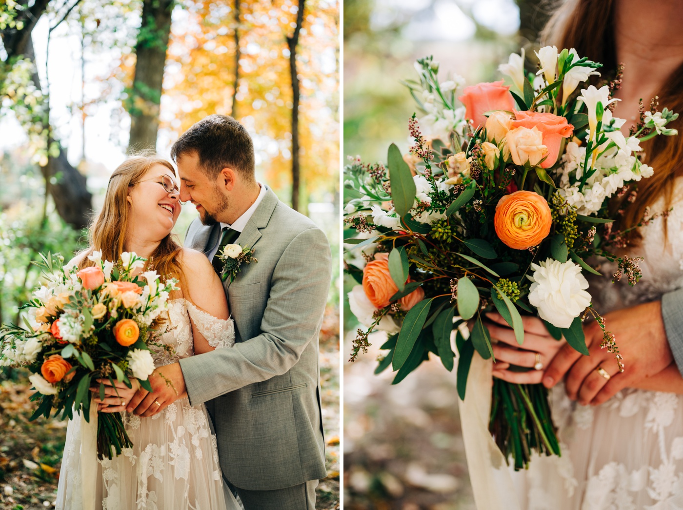 Bridal bouquet filled with pink roses, orange ranunculus, and succulents