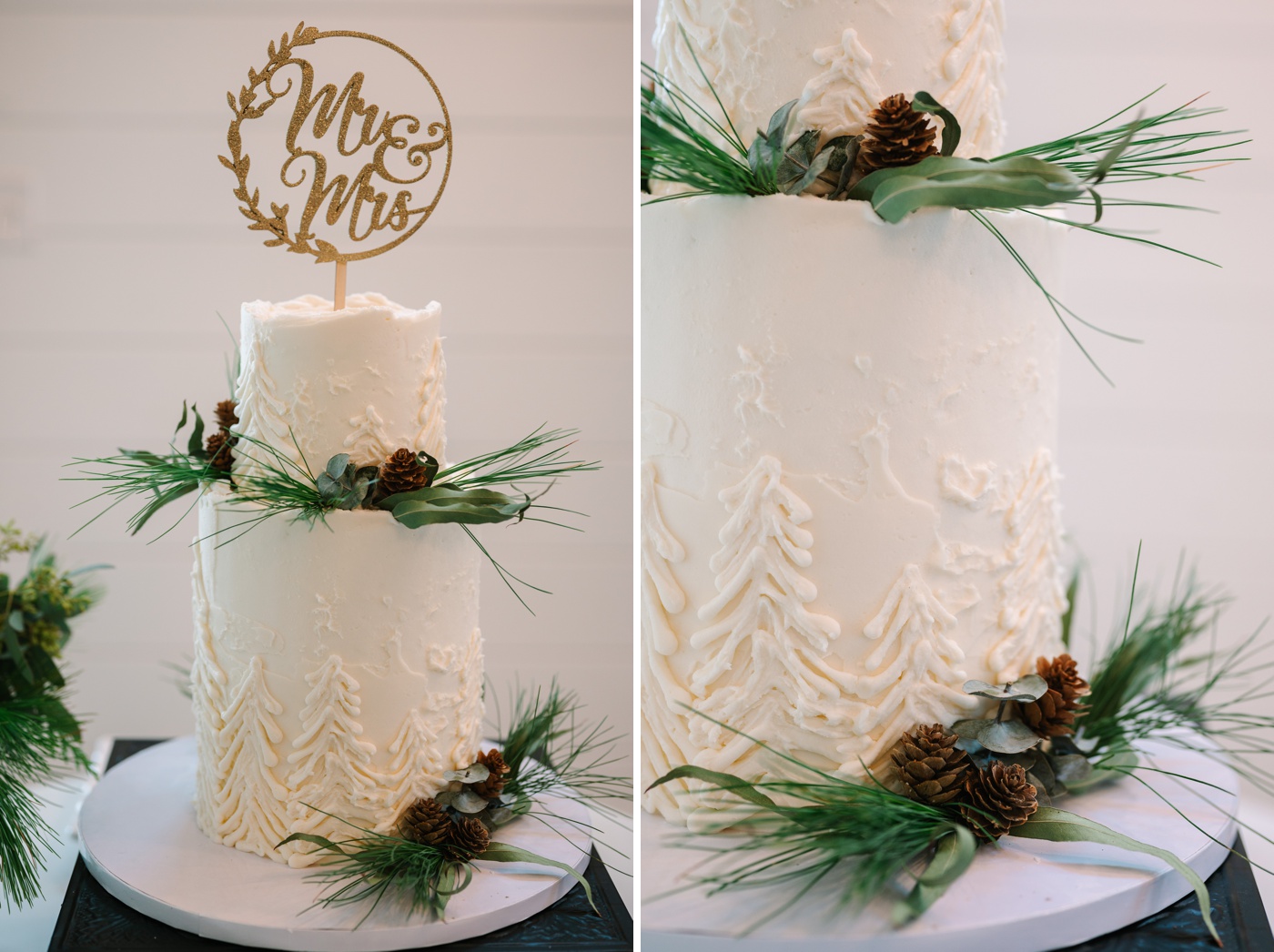 Wedding cake with pinecones and frosted Christmas trees by Farmhouse Cakes
