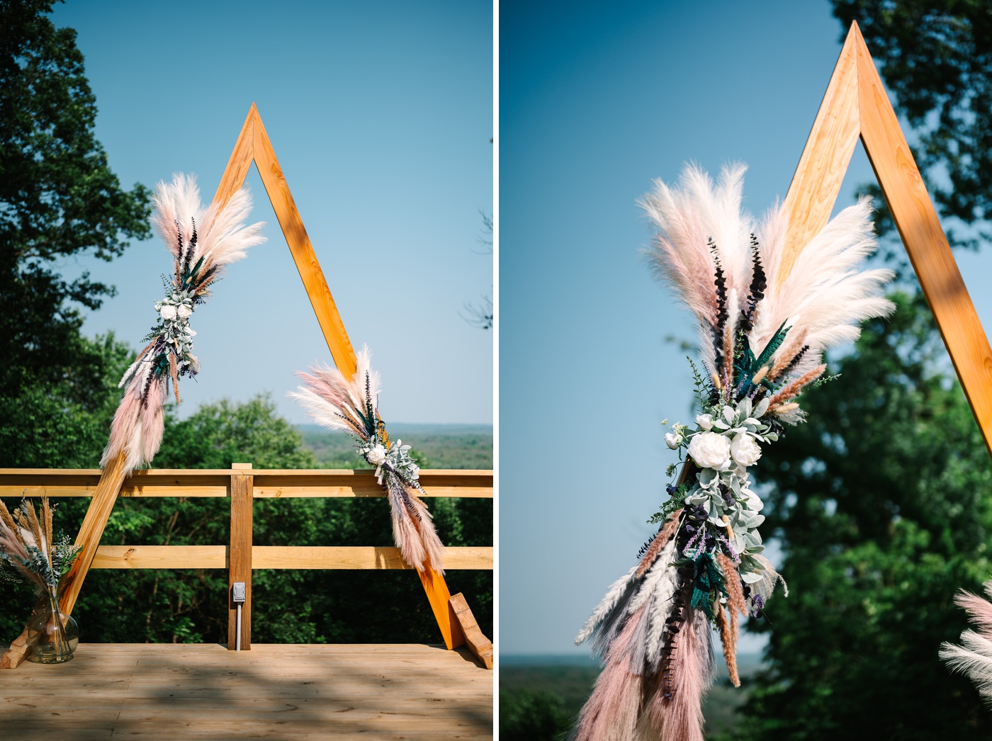 Triangle wedding arch decorated with succulents and pampas grass