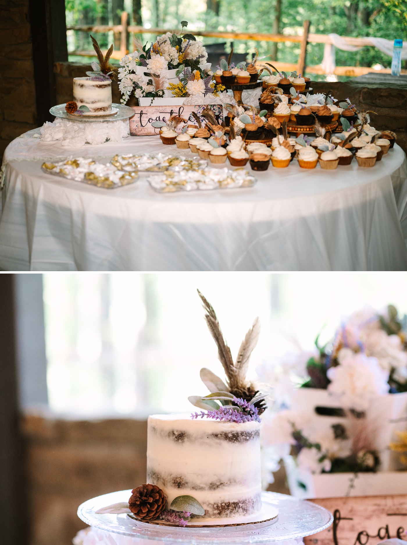 Nature-inspired naked wedding cake decorated with pinecones, lavender, and feathers