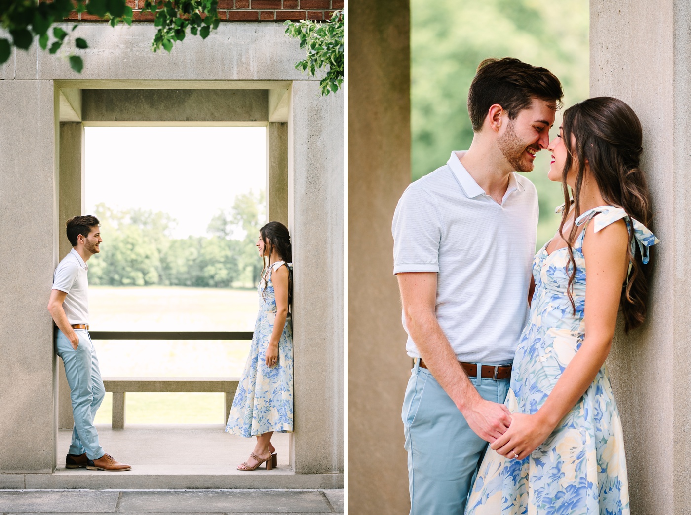 Bride wearing a blue floral midi dress for her engagement session