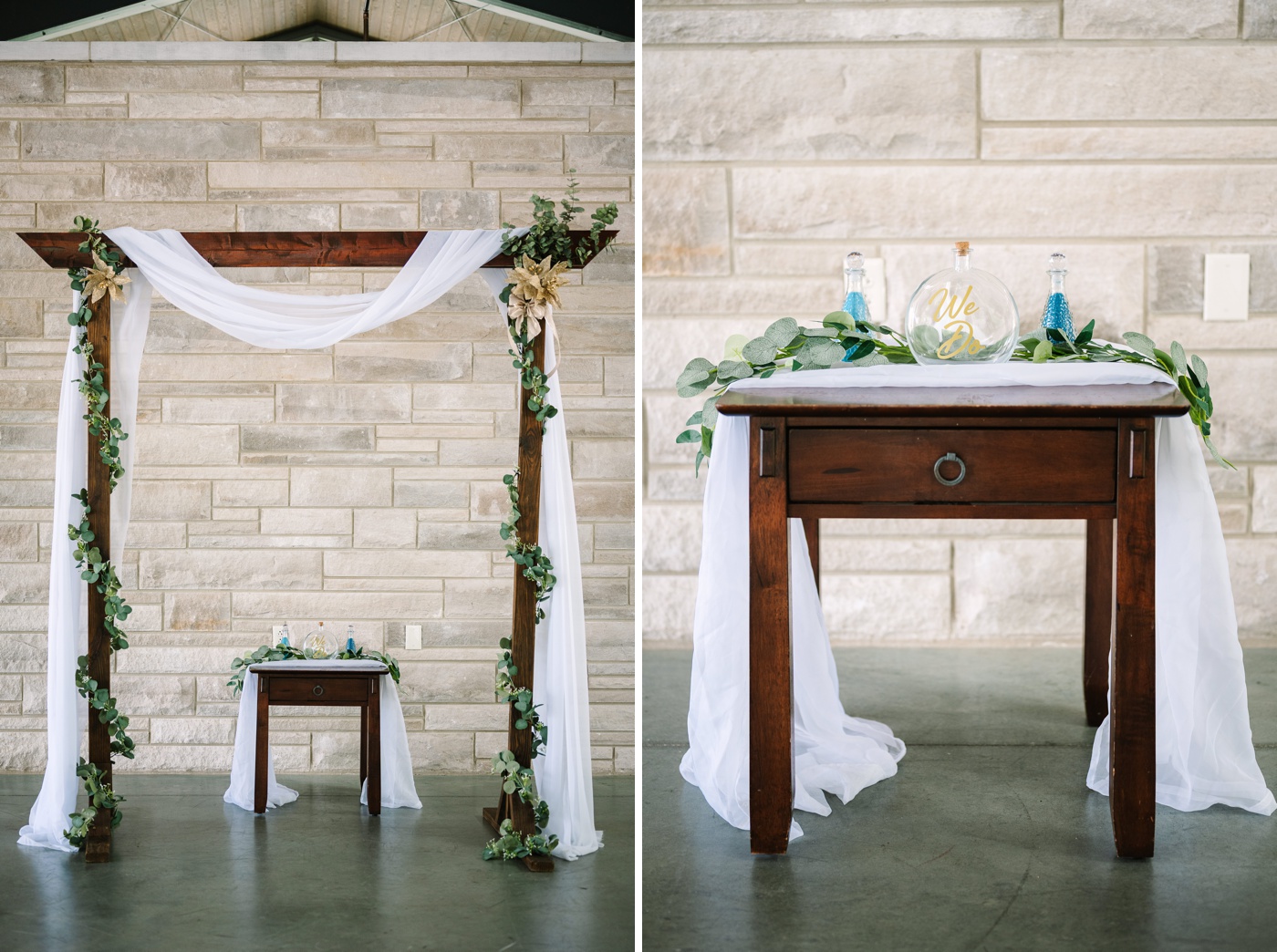 Wood wedding arch decorated with eucalyptus and white drapes