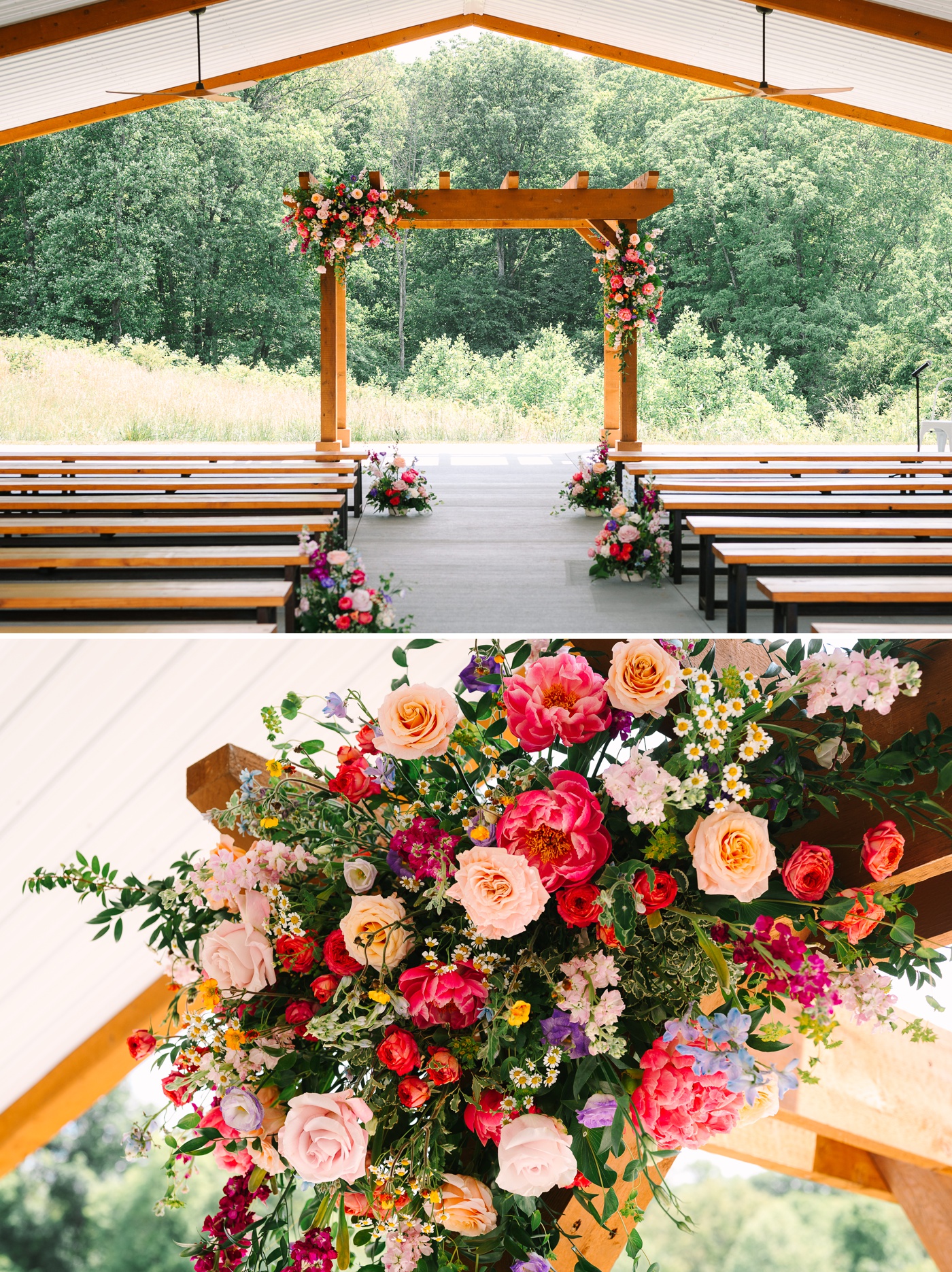 Colorful floral wedding arch with roses, peonies, and feverfew daisies by For the Beauty Floral