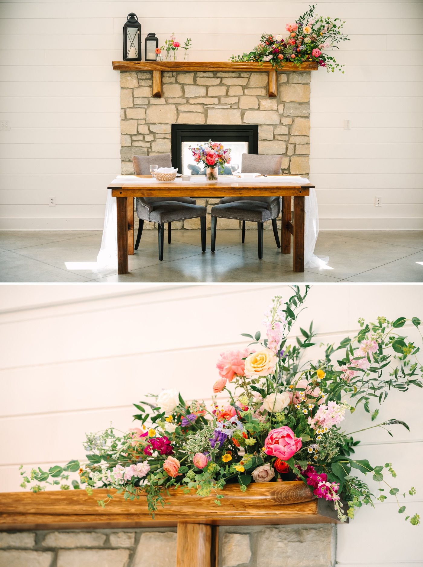 Fireplace mantle wedding floral arrangement with roses, peonies, and feverfew daisies