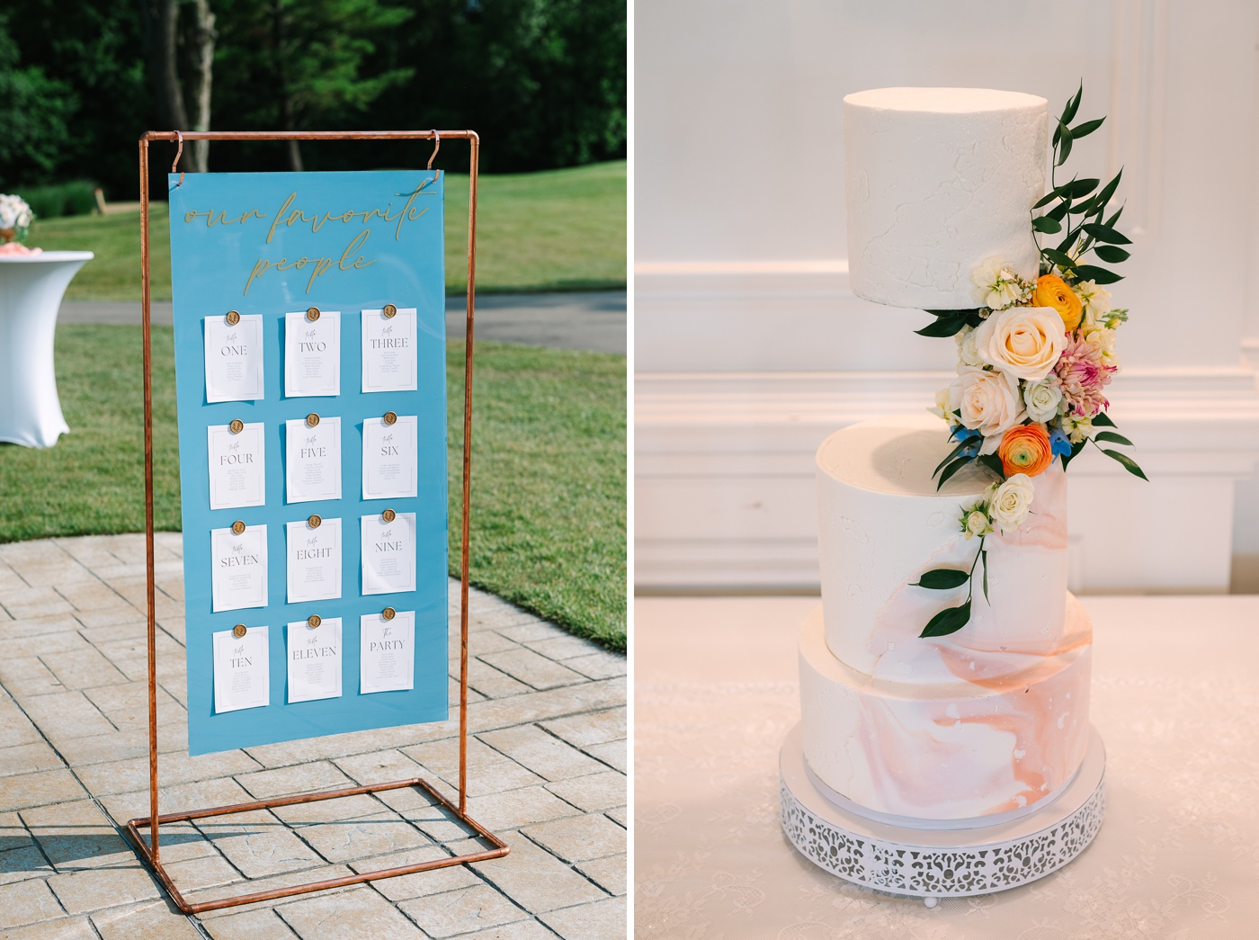 Blue wedding seating chart with copper wax seals