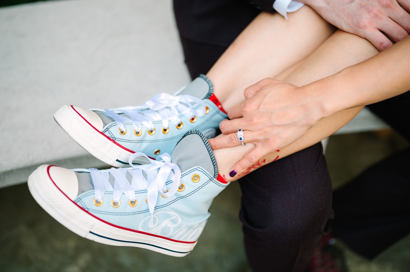 Blue custom "Bride" Converse with white satin shoelaces