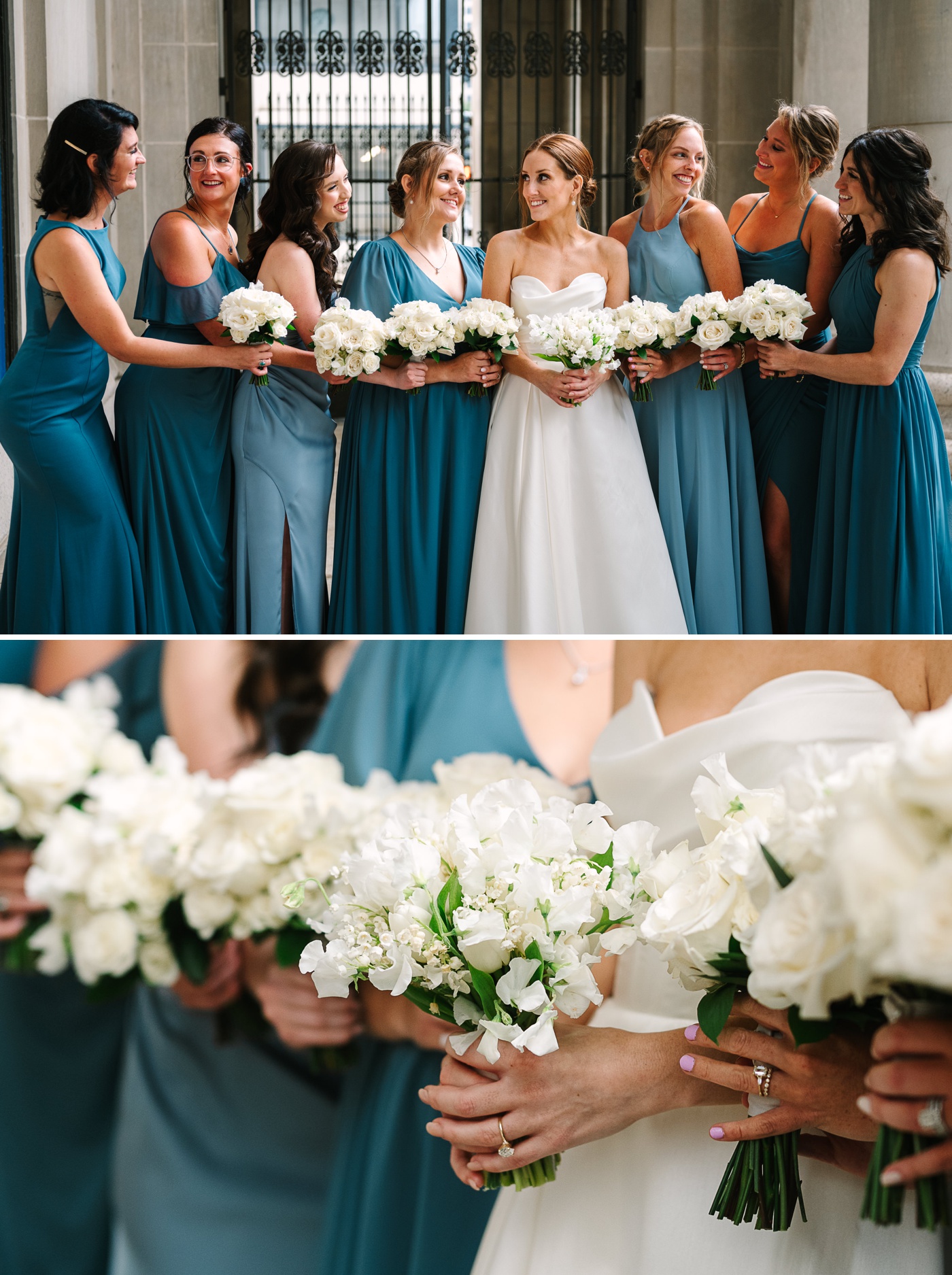 Bride and her bridesmaids holding white wedding bouquets filled with roses and lisianthus