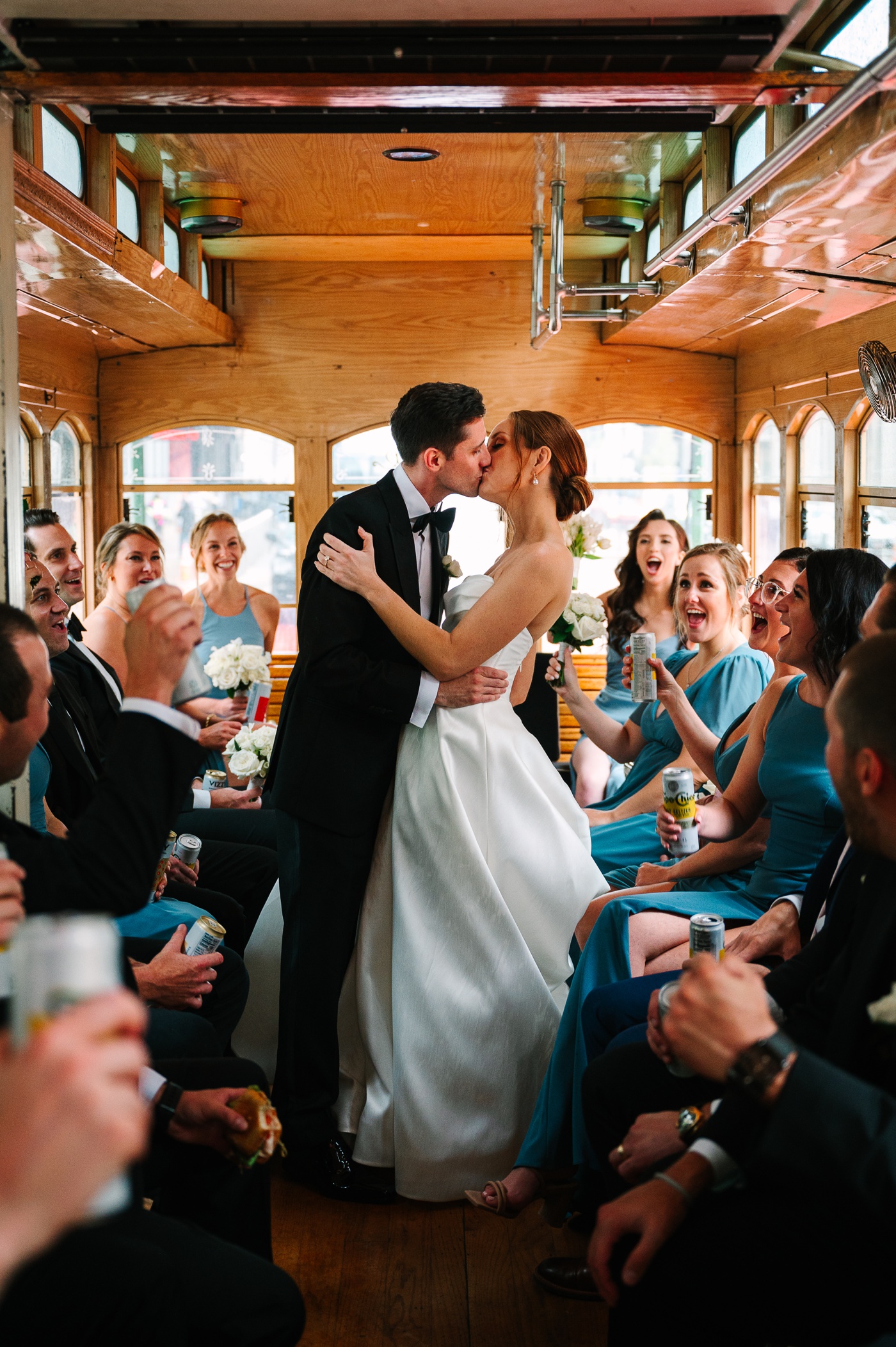 Bridal party on a vintage trolley for a downtown Chicago wedding