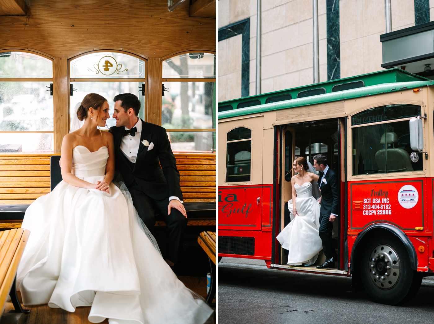 Bride and groom posing on a vintage trolley for their downtown Chicago wedding