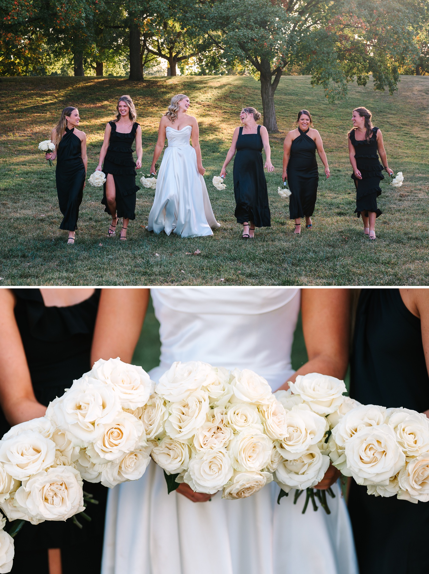 Bride and her bridesmaids holding wedding bouquets filled with white roses by Urban Contessa Florals