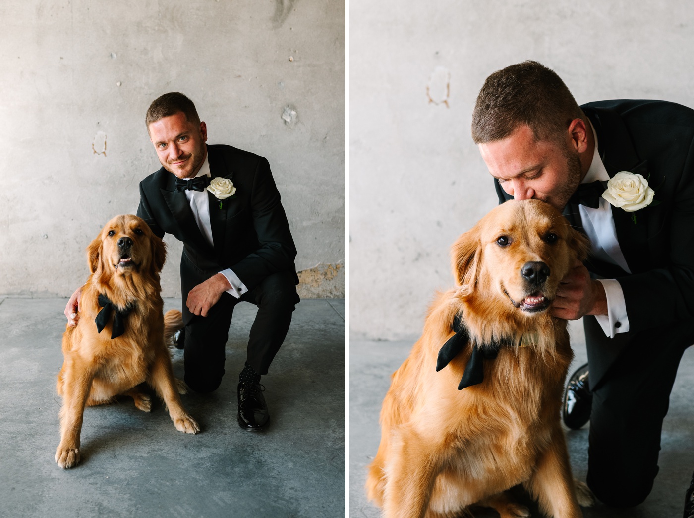 Groom posing with his golden retriever at Ivory Foundry