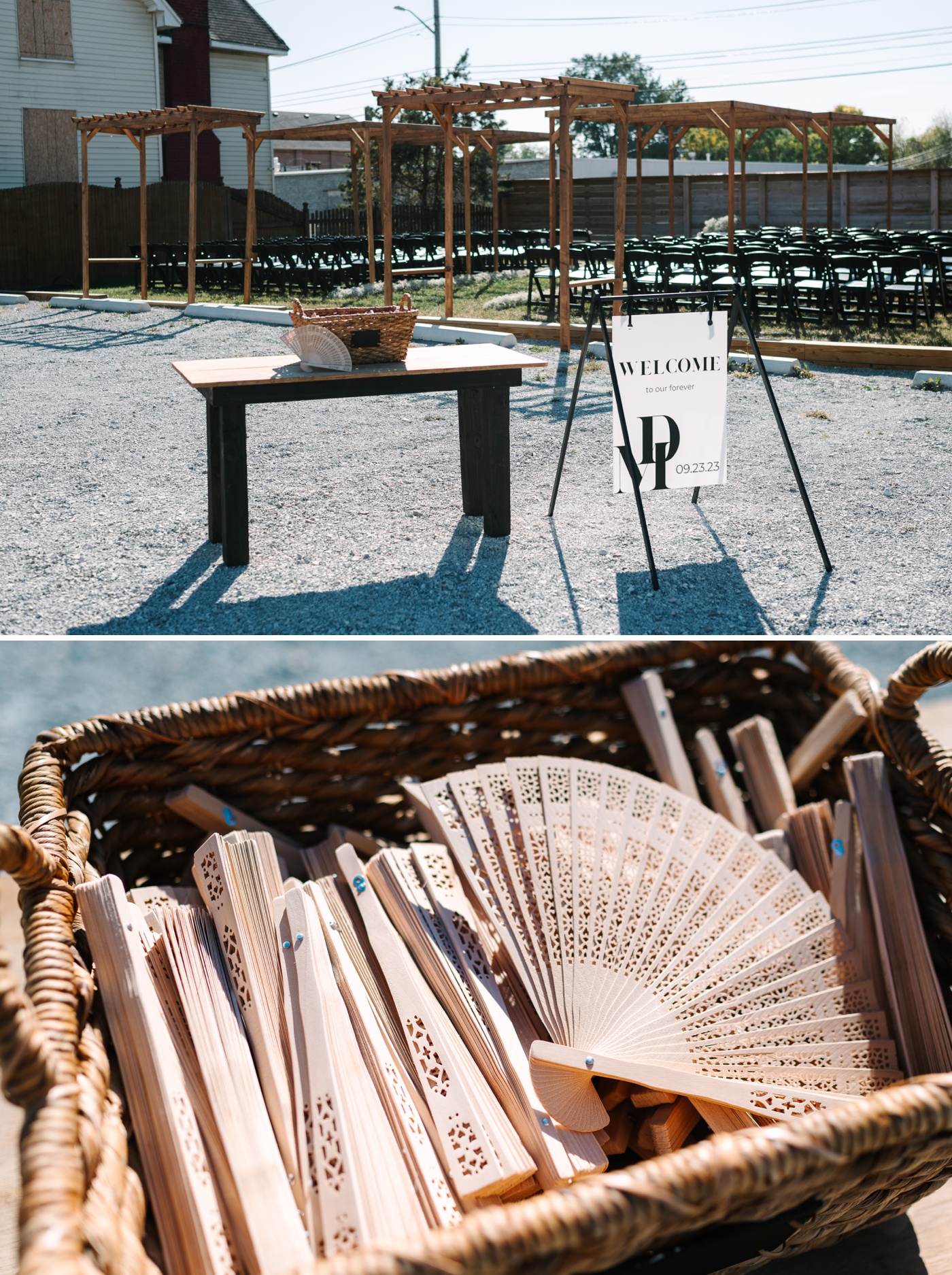 Basket of handheld wood fans at an outdoor wedding ceremony in Indianapolis