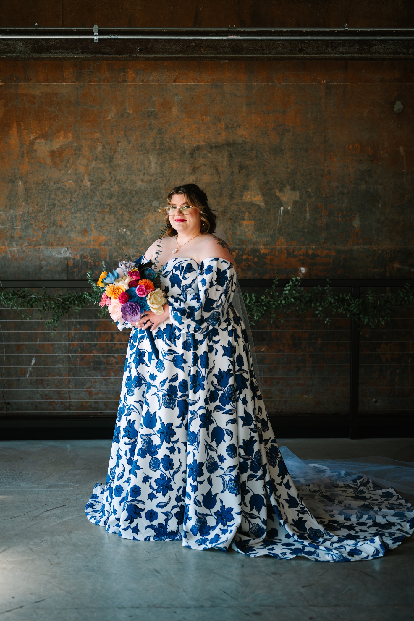 Bride wearing the Stillwater dress by Tara LaTour for her Bloomington wedding
