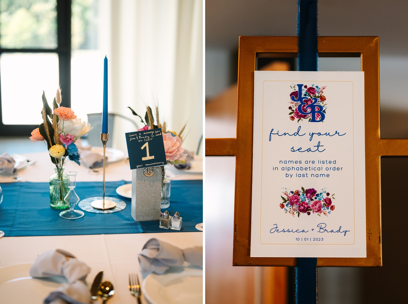 Colorful wedding reception with pink and blue decor at Woolery Mill