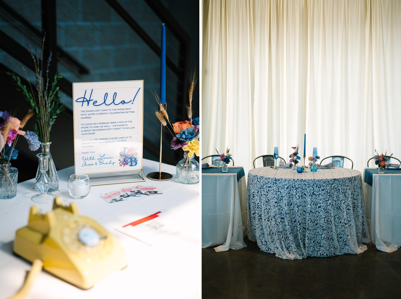 Colorful wedding reception with pink and blue decor at Woolery Mill
