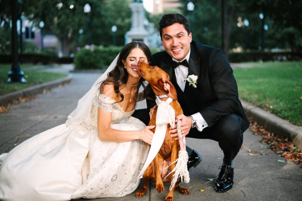 bride and groom with their dog 