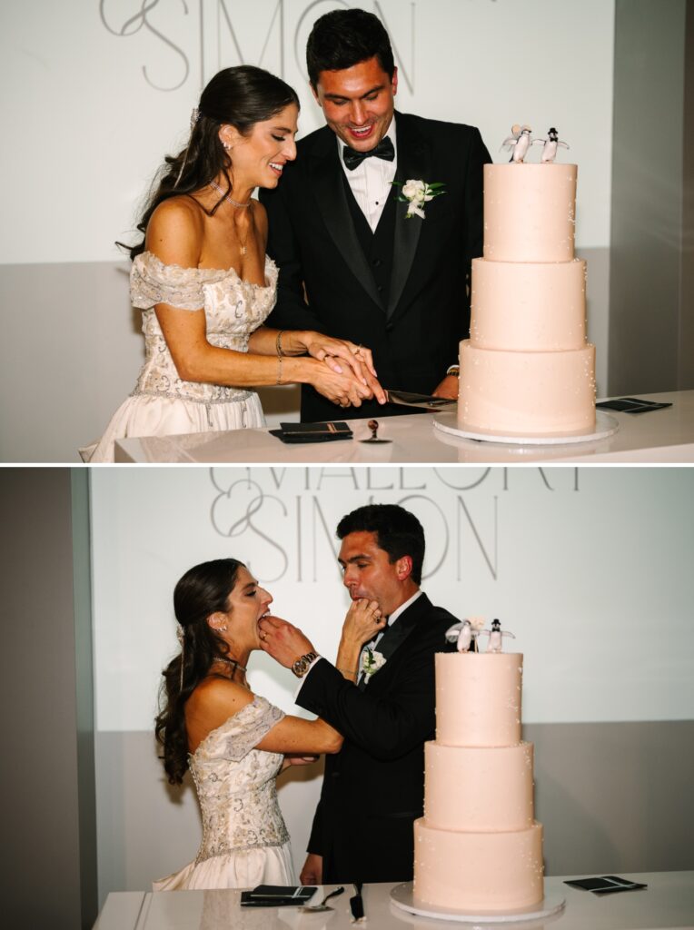 bride and groom cutting beaded wedding cake