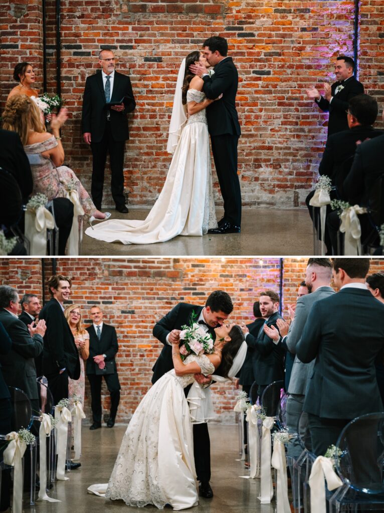 bride and groom first kiss at fall wedding ceremony 