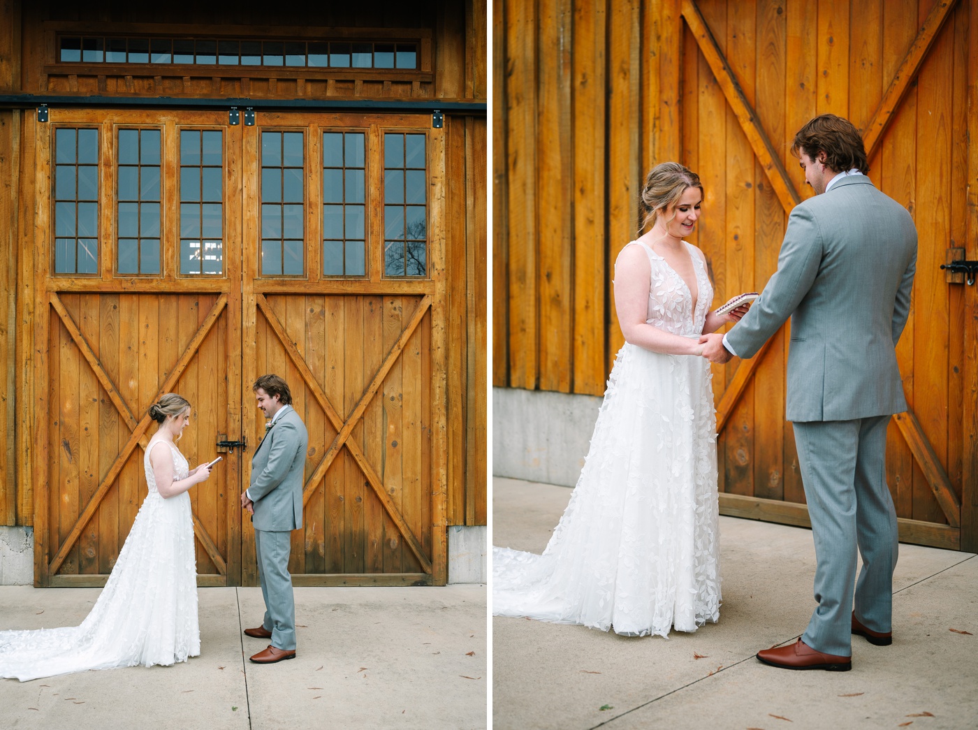 Bride and groom reading private wedding vows in front of a historic barn 