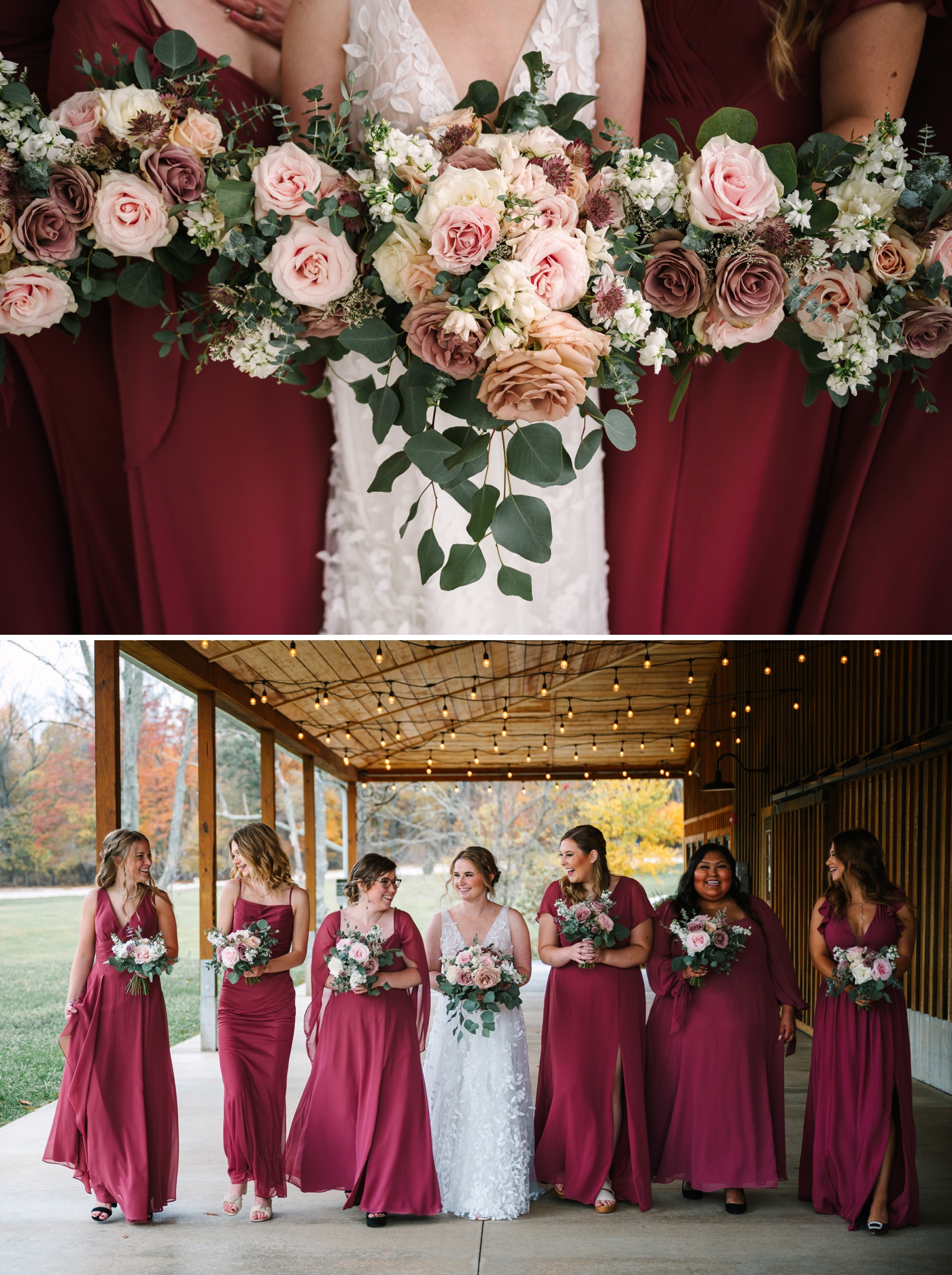 Ivory, blush, and mauve fall wedding bouquet filled with roses and astrantias