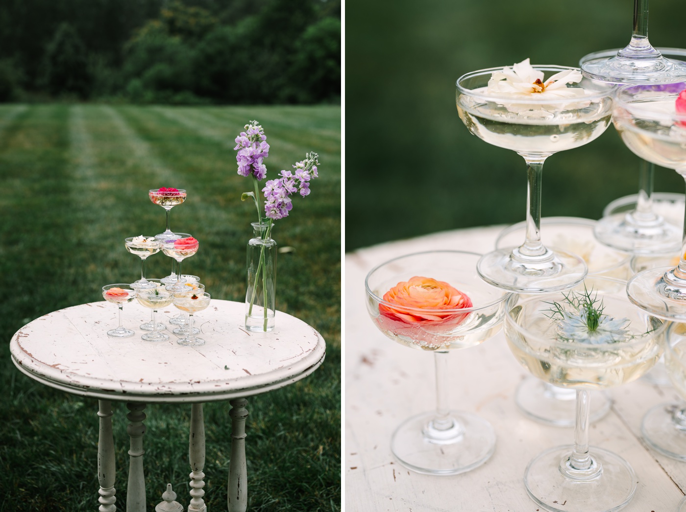 Spring champagne tower with fresh flowers