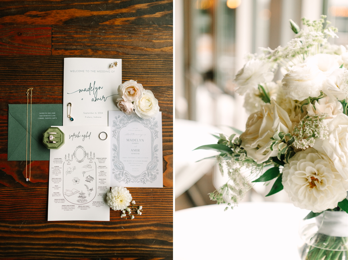 A flat lay of wedding invitations and a bouquet of white roses with baby's breath