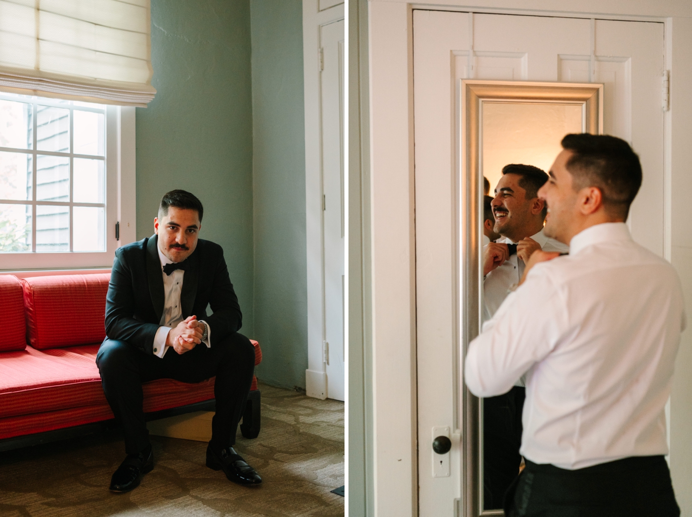 A groom fixing his bow tie in the mirror before his wedding ceremony