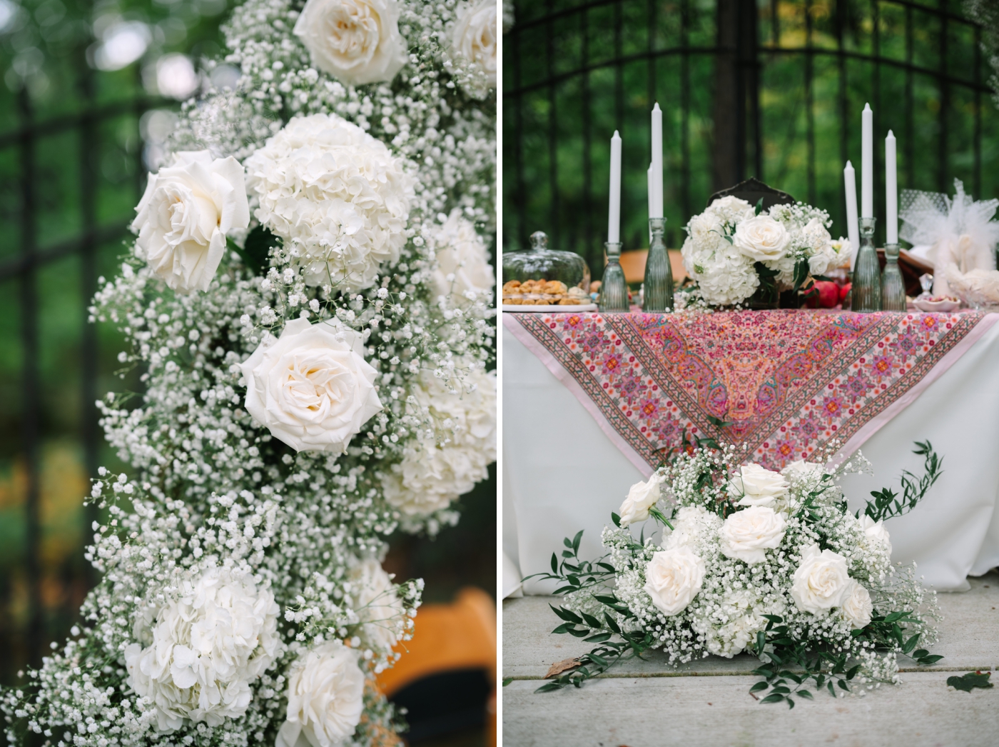 A white rose archway by Urban Contessa Florals stands behind a Sofreh Aghd at the Bluffs at Conner Prarie