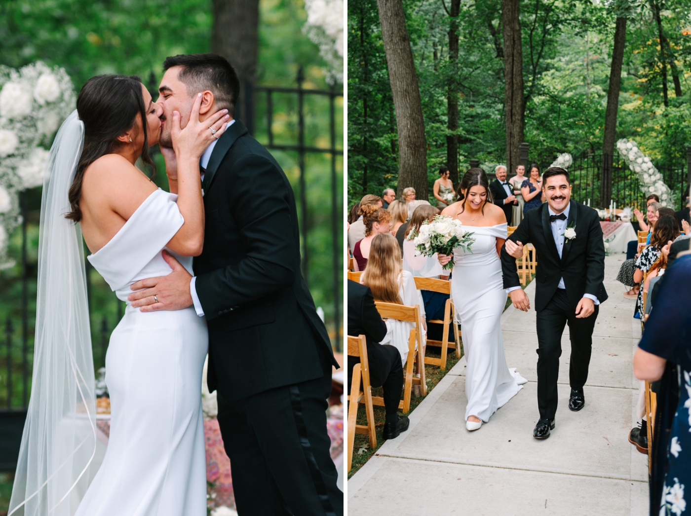 A bride and groom share their first kiss at The Bluffs at Conner Prairie