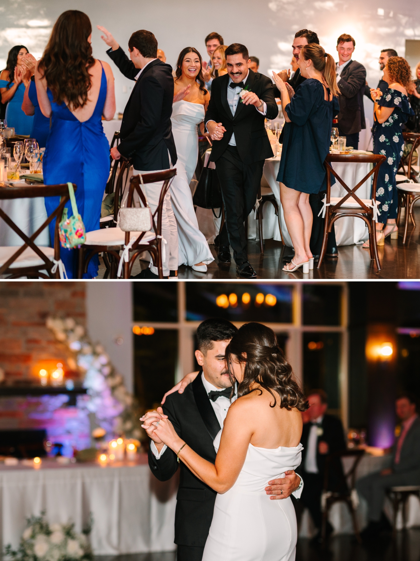 A bride and groom enter their wedding reception at The Bluffs at Conner Prairie and share their first dance