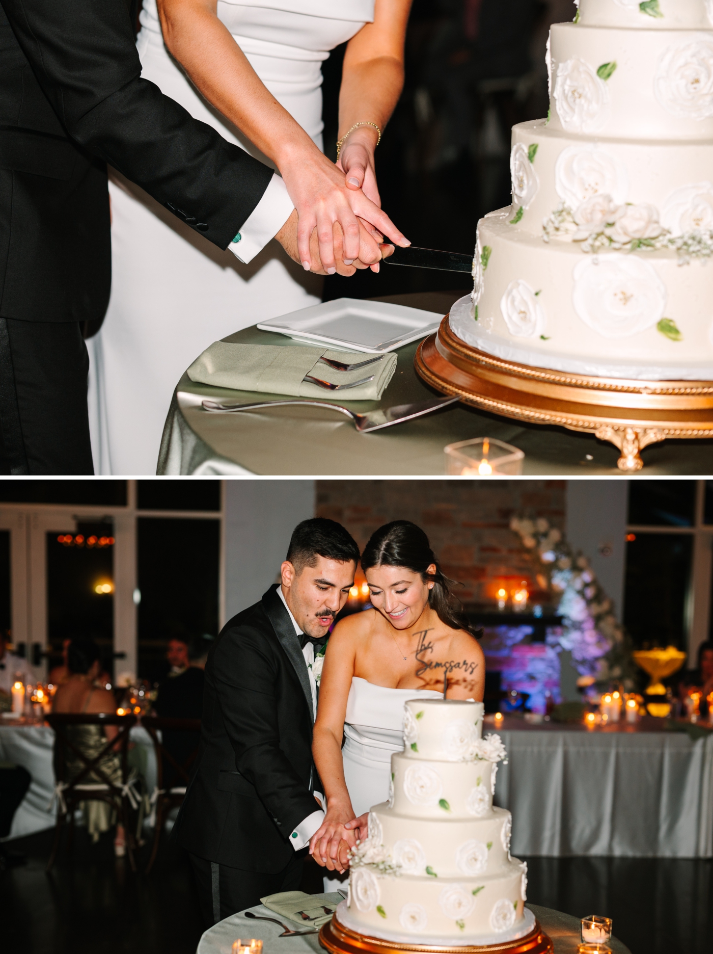 The bride and groom cut a three-tier wedding cake in the ballroom of the Eli Lily Chinese House at The Bluffs at Conner Prairie