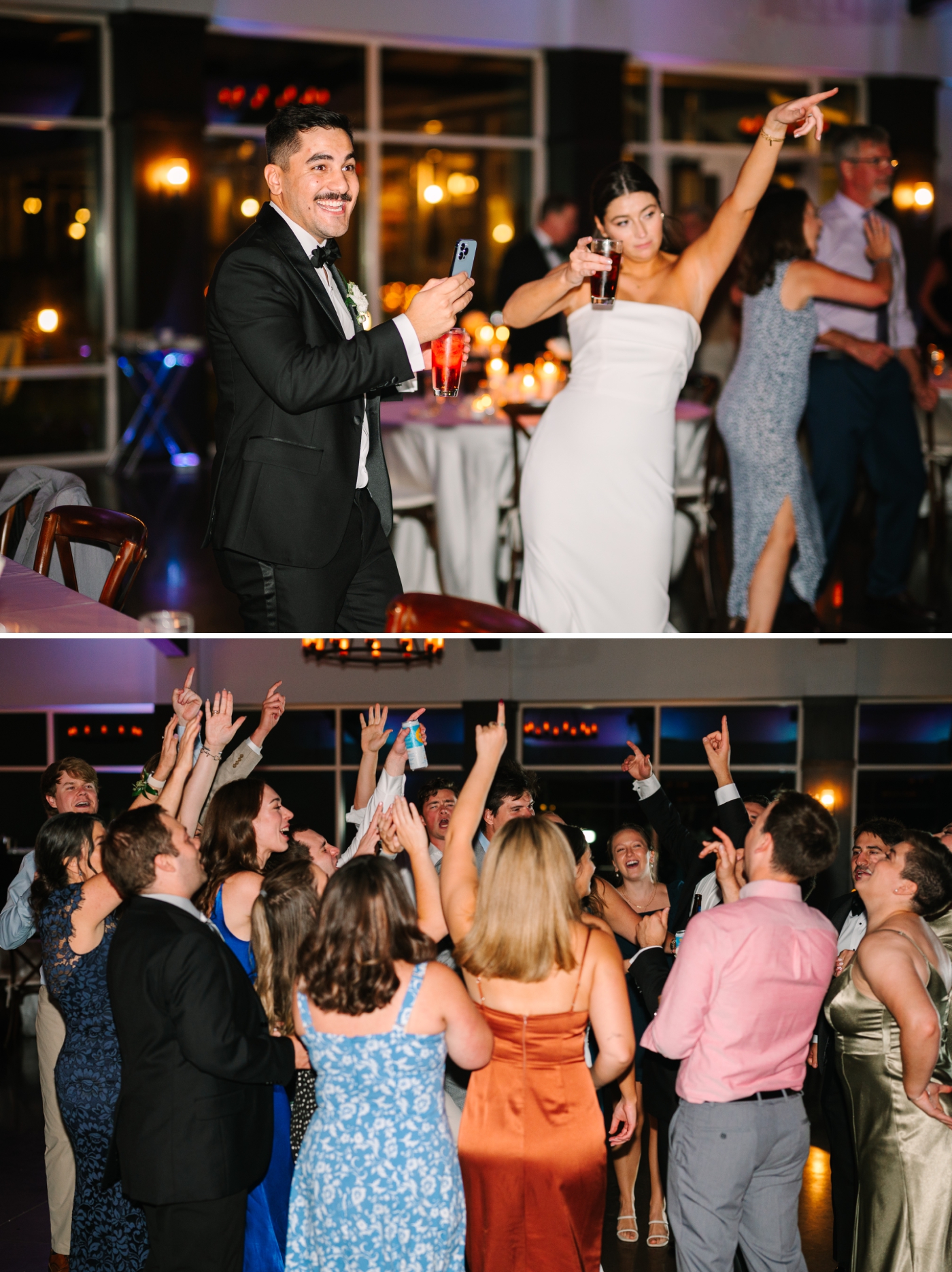 A bride and groom join their guests on the full dance floor at The Bluffs at Conner Prairie