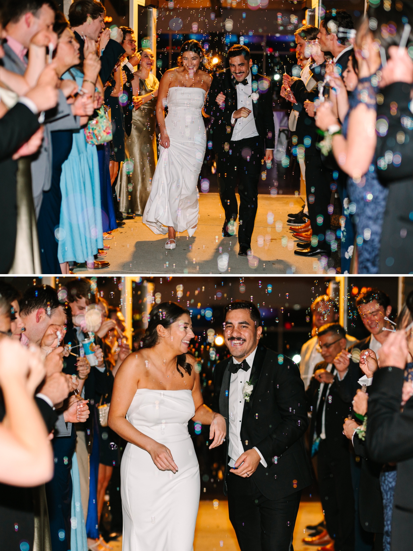 The bride and groom exit the wedding ceremony beneath a shower of bubbles