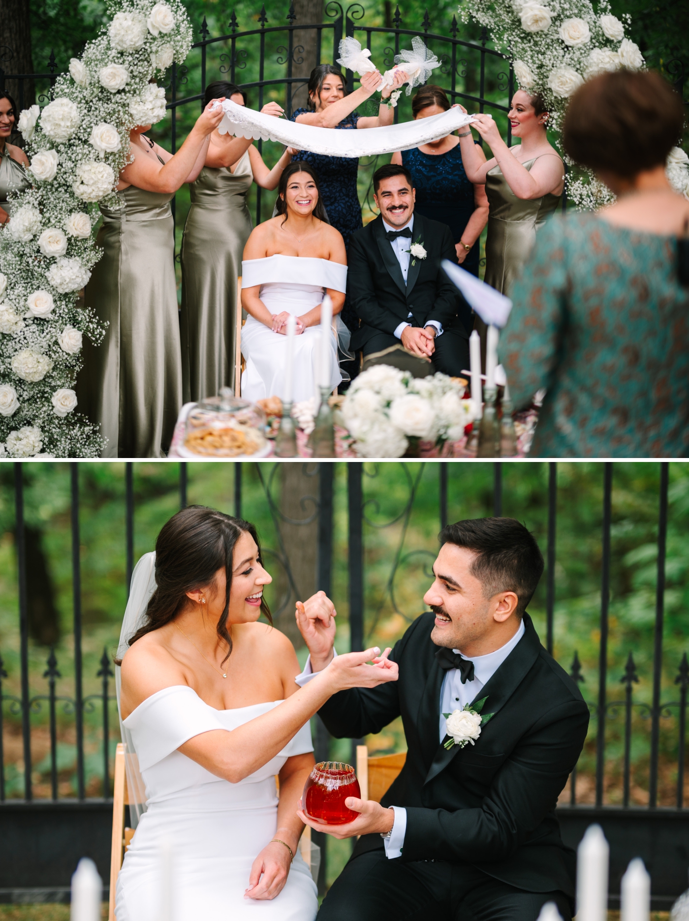 A bride and groom sit behind a table while married women rub sugar cones over their heads to symbolize the sweetness of their marriage and feed each other honey as part of a Persian wedding tradition