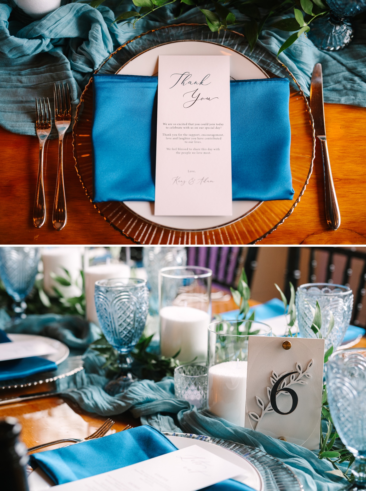 Table with blue vintage glassware and turquoise satin napkins at an Ivory Foundry wedding reception