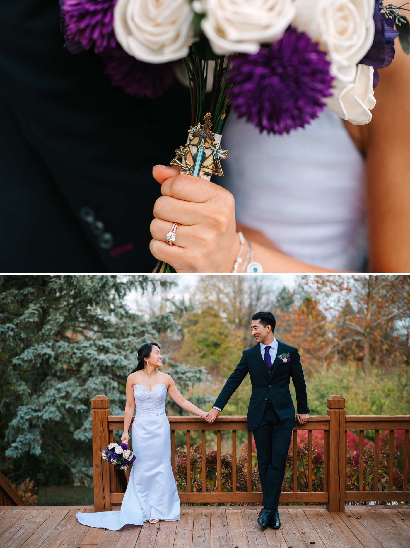 A wedding bouquet filled with white roses, purple succulents, and baby's breath