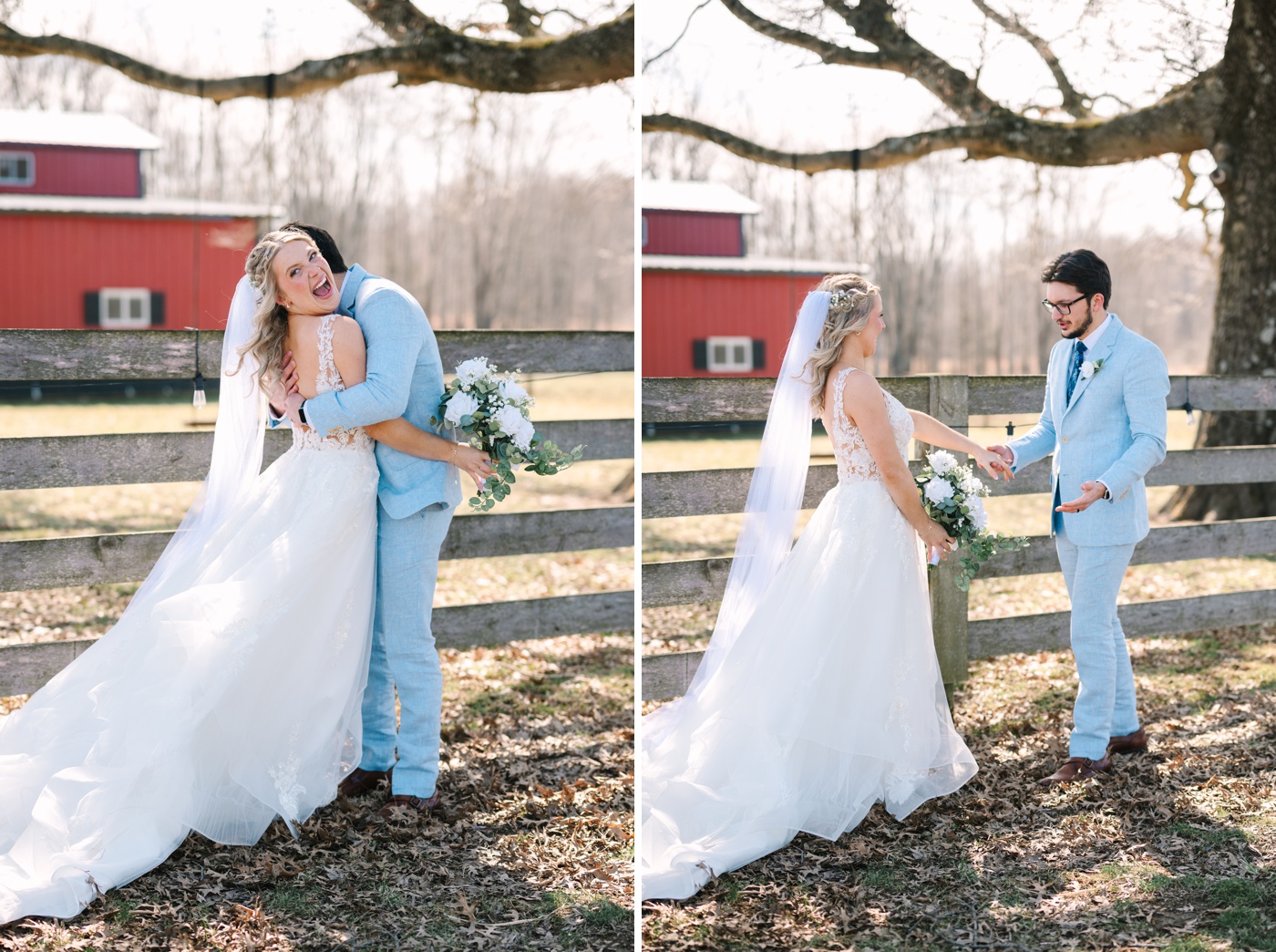 Bride and groom doing a first look at a farm in Columbus, Indiana