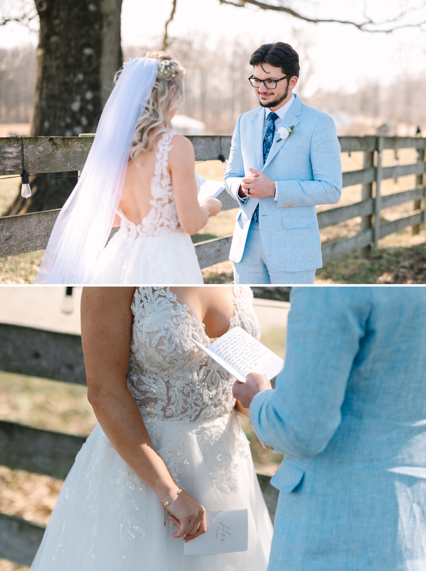 Bride and groom reading private wedding vows