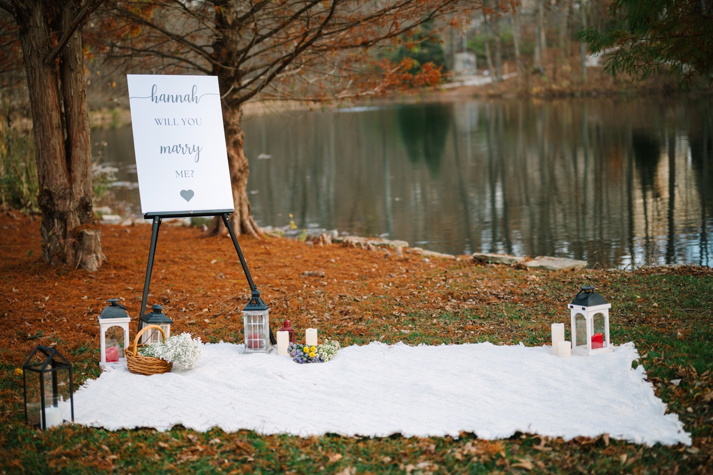 Surprise proposal set-up with a picnic blanket, sign, and lanterns
