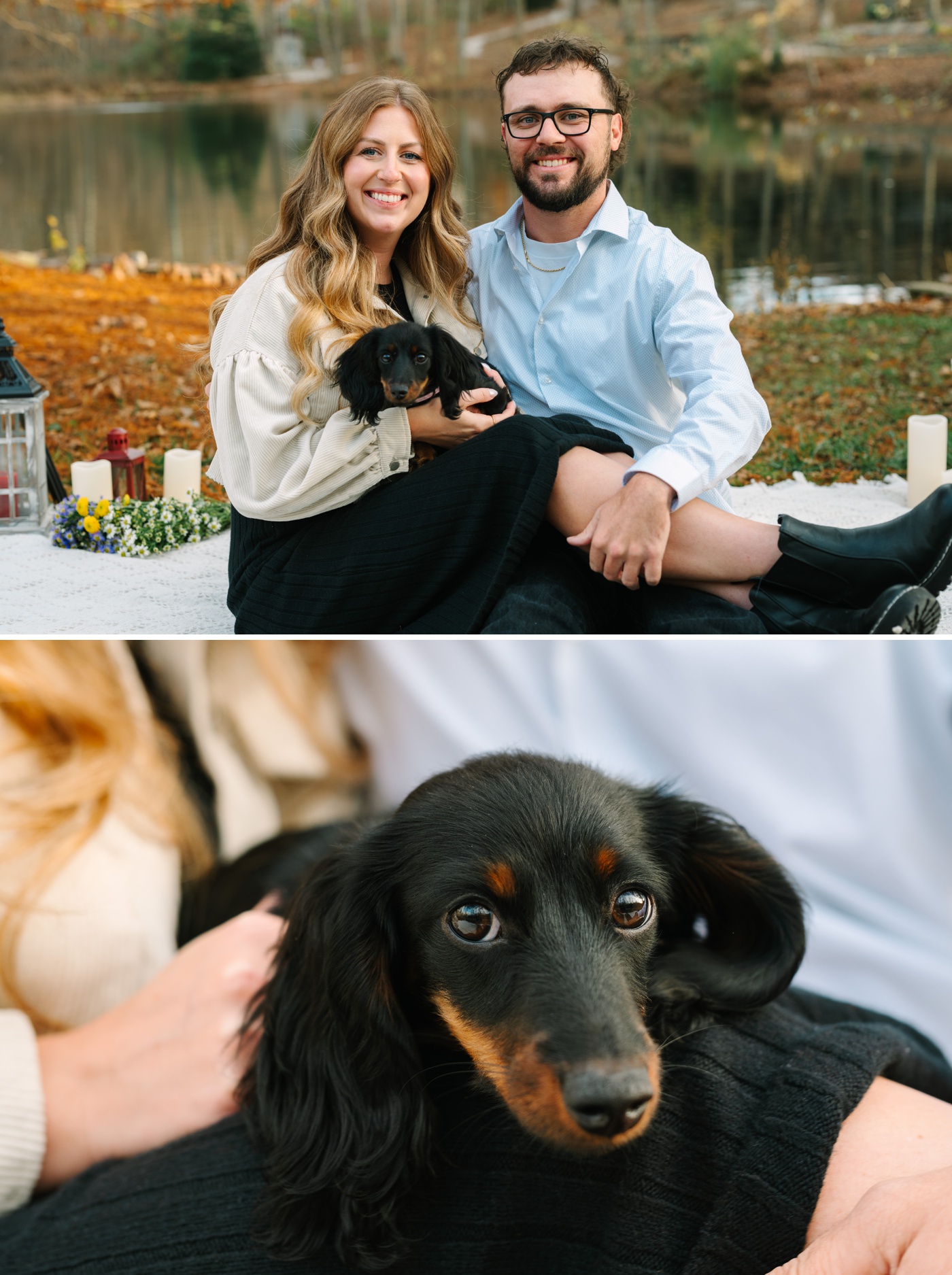 A couple posing for engagement photos with their dog