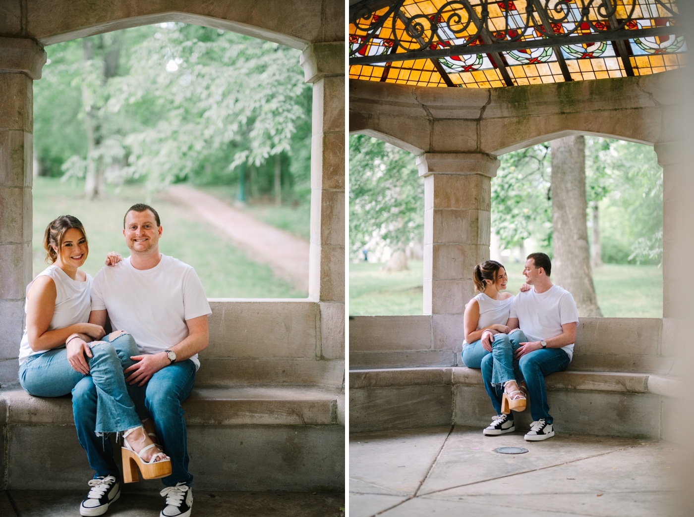 A couple sitting together in the Rose Well House in Bloomington, IN