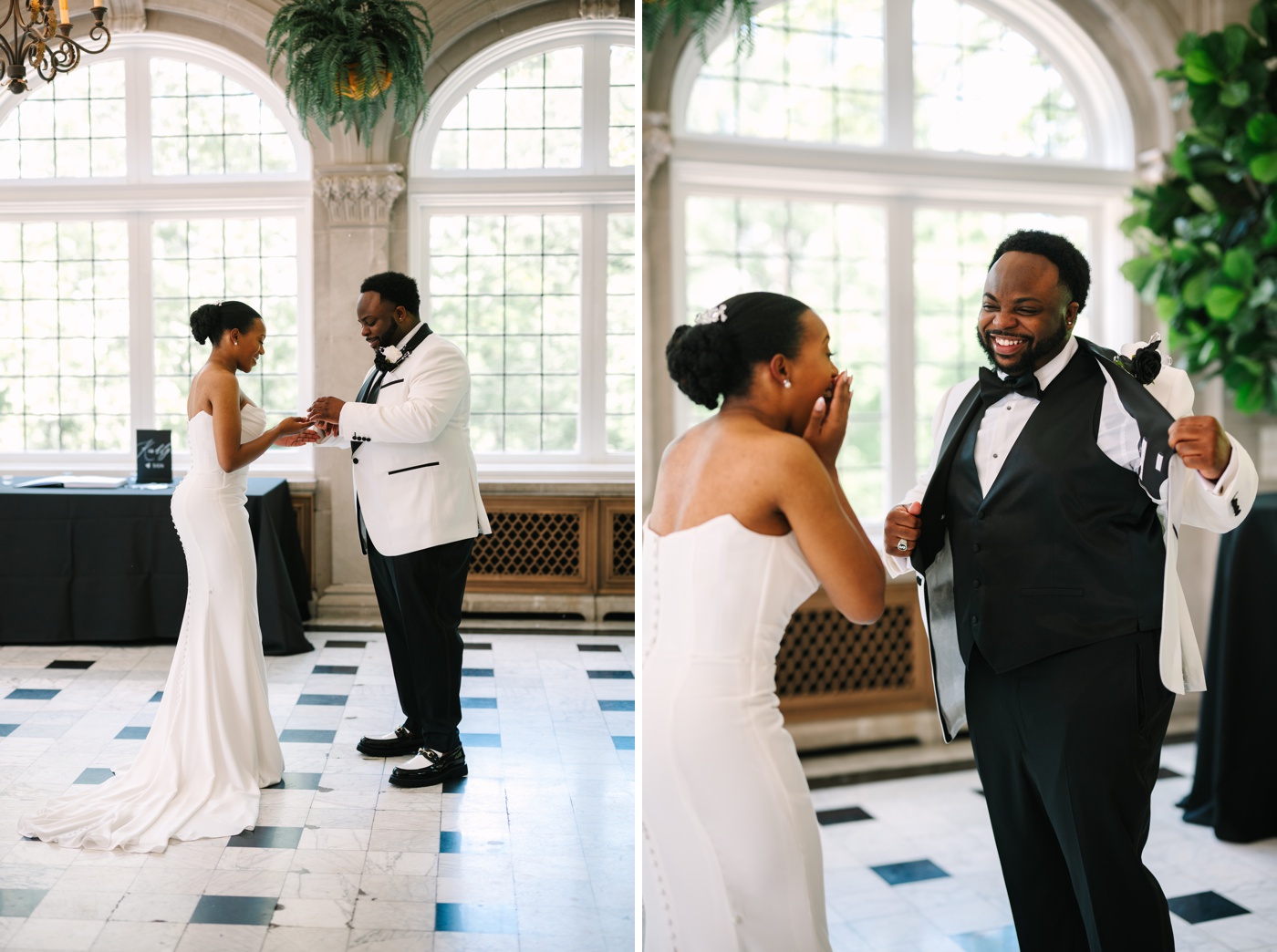 Bride and groom doing a first look at Laurel Hall