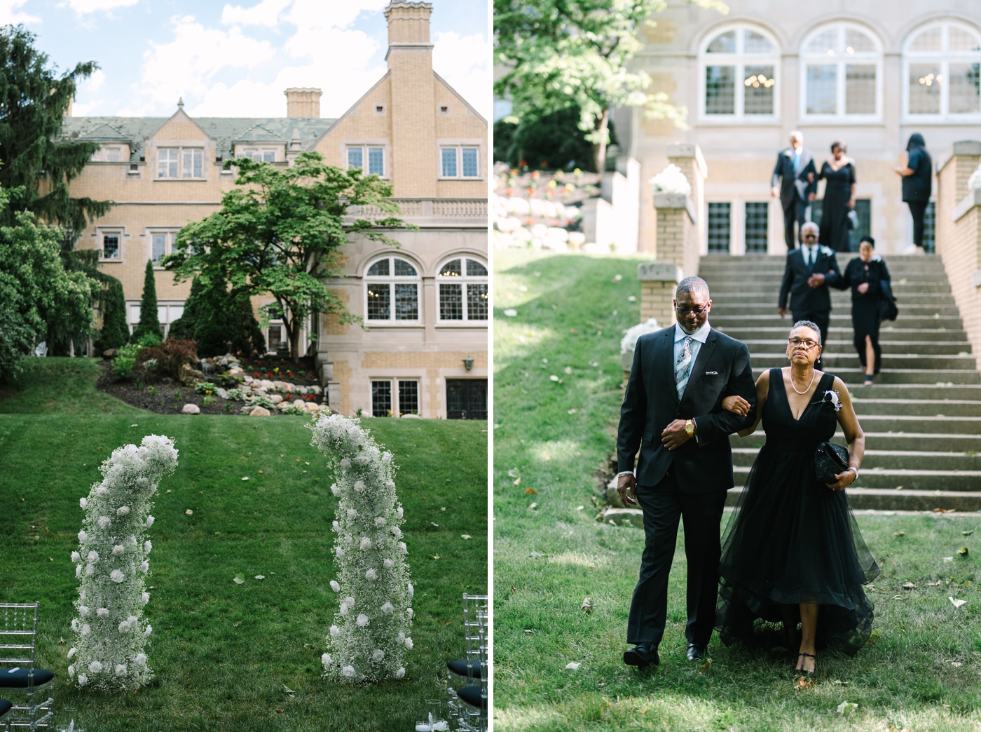 Floral pillars with baby's breath and white roses at an outdoor wedding ceremony