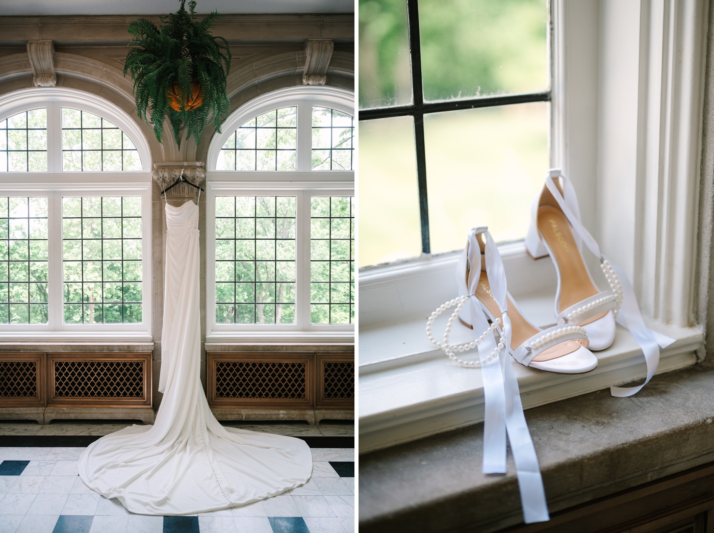 Wedding dress hanging between two windows at Laurel Hall