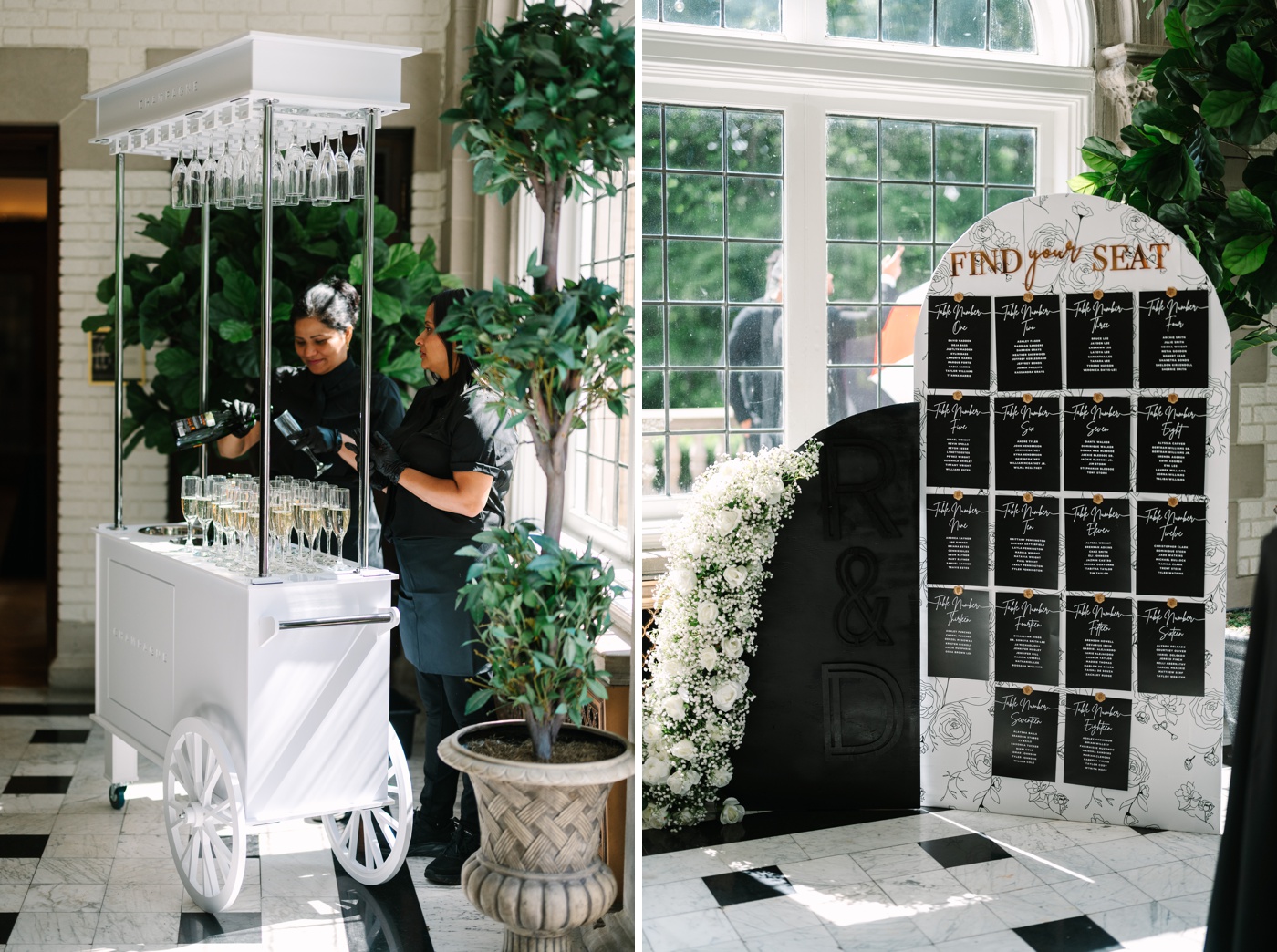 Black and white seating chart sign with line-drawn florals