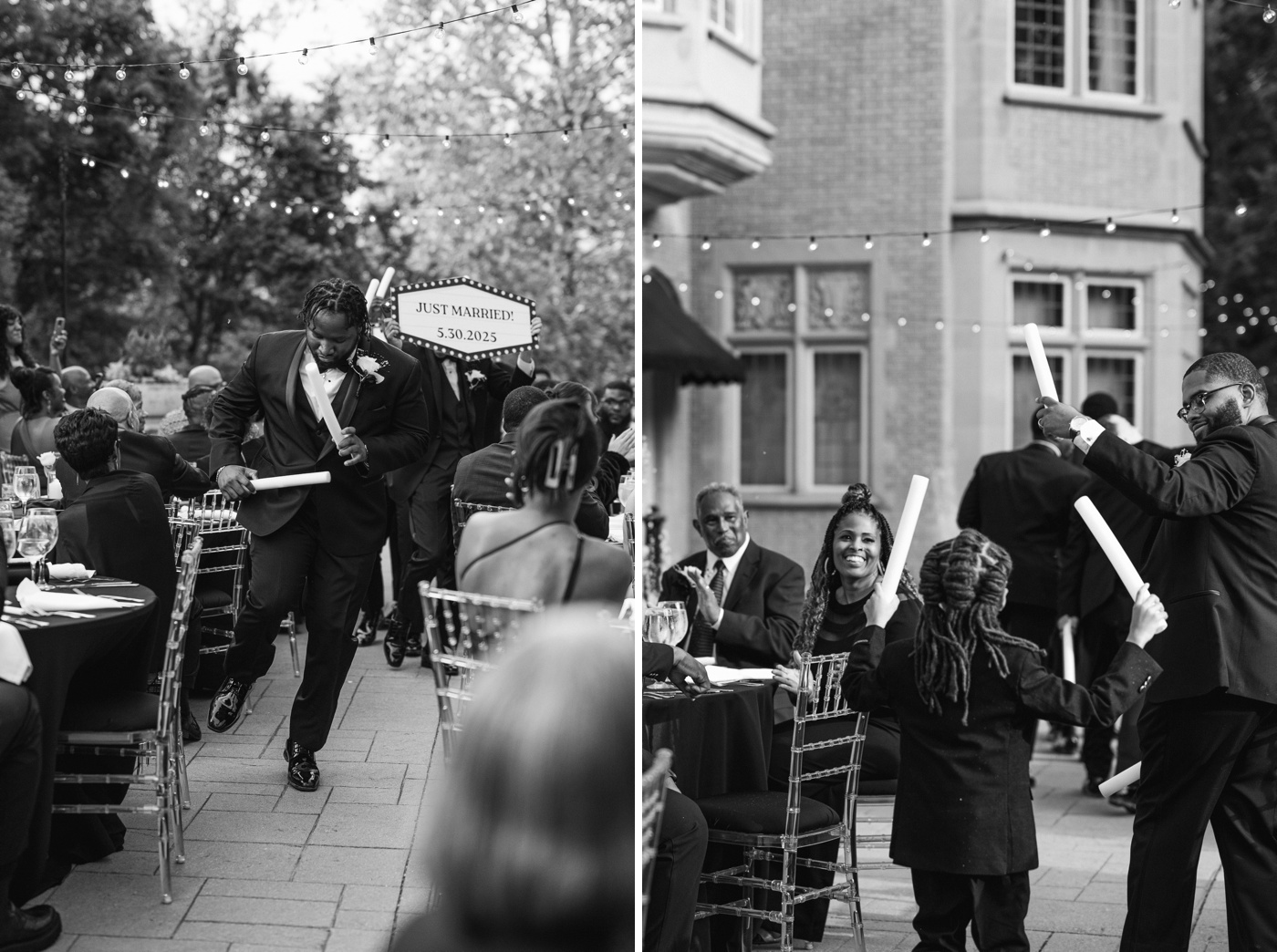 Wedding party entering a reception and holding custom marquee signs
